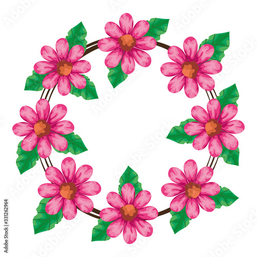 frame circular of flowers pink color with leafs natural vector illustration design