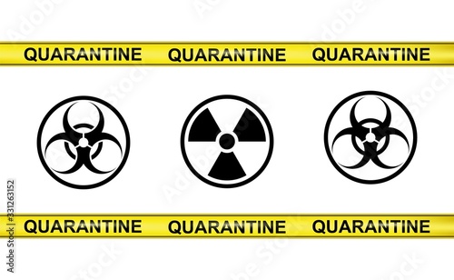 Vector set of weapon of mass destruction signs and yellow tapes of quarantine on white background. Pandemic stop outbreak, biological, radiological hazard sign, Waring Coronavirus COVID-19 Quarantine. photo