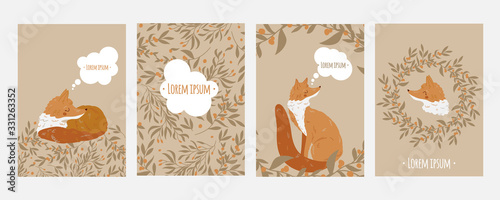 Set of greeting cards with cartoon sleep and dream fox, berries, leaves, speech bubble. Template for greeting cards and invitations. Autumn.  Woodland animals. Flat. Vector hand drawn illustration.