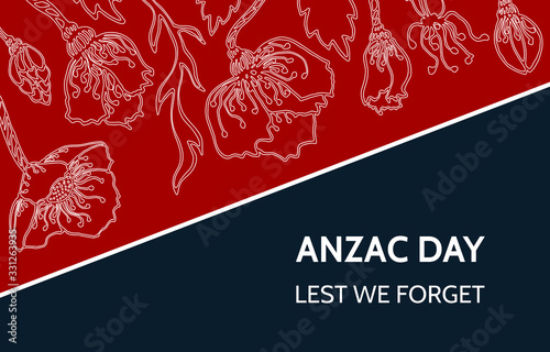 Anzac Day memory celebration banner. Illustration with red poppies and text Lest We Forget