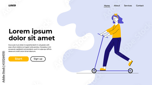 Young woman riding kick scooter. Millennial character using eco transport flat vector illustration. Transportation, ecology, lifestyle concept for banner, website design or landing web page