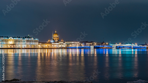 evening panorama of St. Petersburg, the palace bridge, St. Isaac's Cathedral, Winter Palace
