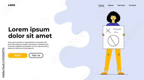 Woman showing placard. Female protest activist holding poster flat vector illustration. Crisis, activism, demonstration concept for banner, website design or landing web page