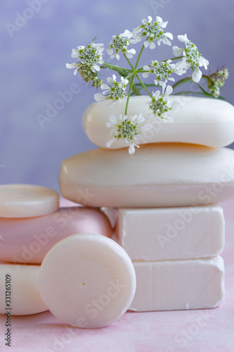 Handmade soaps with wild flowers extract. Hygiene, artisanal products
