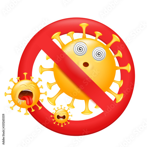 Red sign caution coronavirus. Pandemic medical concept. Virus emoji character symbol.