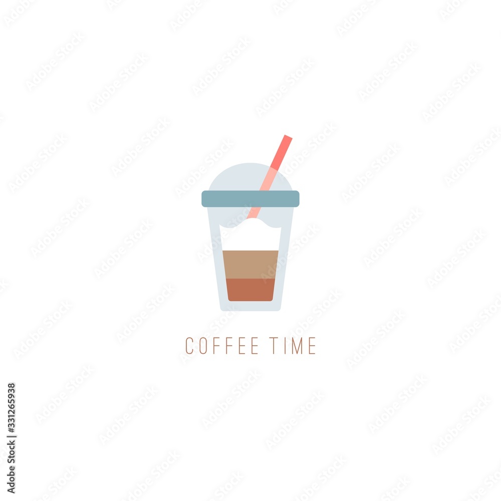 Frappe Cup with a straw. Coffee theme. Coffee lovers concept. Minimalistic Icon. Logo template. Colored vector Illustration. Cartoon style, simple Flat design. Isolated on a white background Frappe Cup with a straw. Coffee theme. Coffee lovers concept. Minimalistic Icon. Logo template. Colored vector Illustration. Cartoon style, simple Flat design. Isolated on a white background