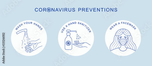 Coronavirus COVID-19 preventions tips, hand sanitizer, wear face mask, washing hands. Corona virus vector isolated on white background