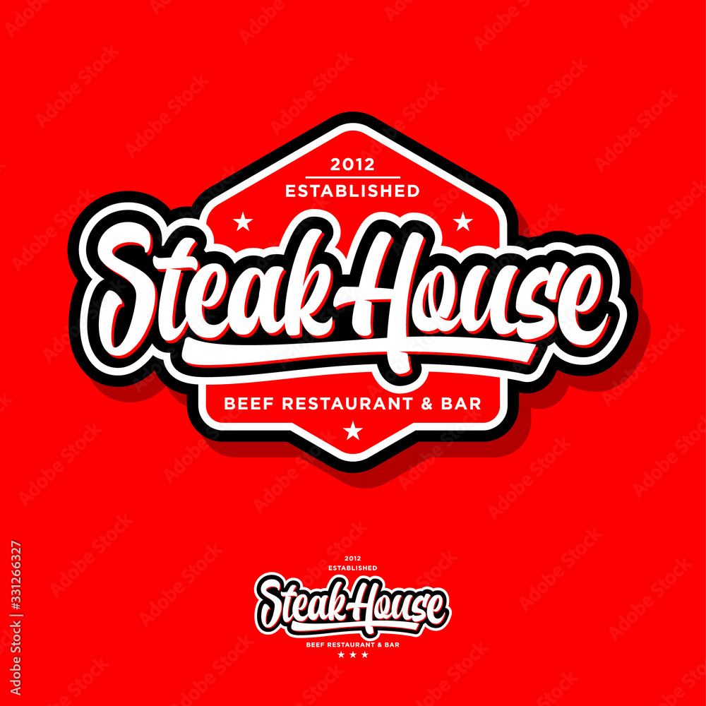 Steak house logo. Butchery or restaurant logo. Calligraphic composition with stars. Vintage American style.