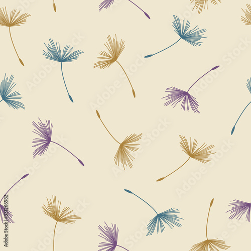 Seamless abstract floral pattern of dandelion flying seeds in pastel colors on beige background. Vintage retro style. Vector design for fabric textile  wallpaper  wrapping paper  package  covers.