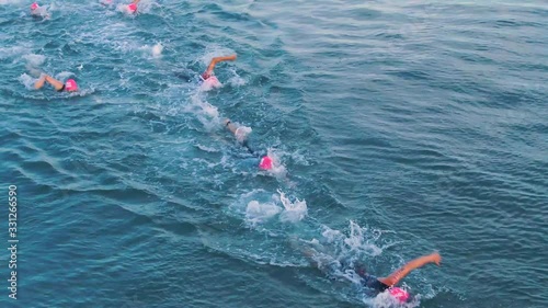 12th May 2019 in Danang, Vietnam. Aerial view of triathletes were swimming at swim course at triathlon event