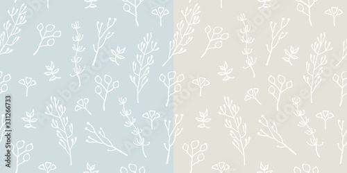 Seamless hand drawn floral pattern of various plants, leaves, berries twigs, grass and rose hip on light yellow and blue background. Doodle vintage vector design for fabric textile, wrapping paper