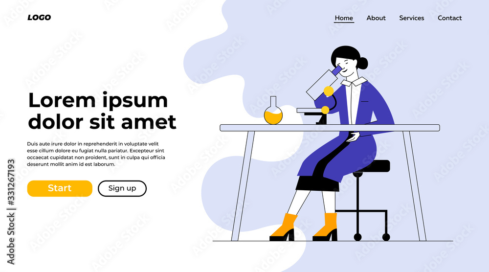 Assistant doing lab research. Woman in white coat using microscope at table with flask flat vector illustration. Laboratory, biochemistry concept for banner, website design or landing web page
