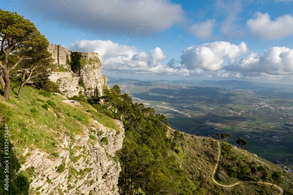 The landscape with Castello di Venere in Erice, Sicily, Italy and mountain Monte Erice