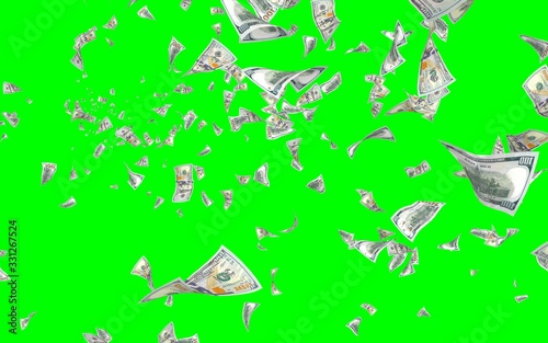 Flying dollars banknotes isolated on chromakey. Money is flying in the air. 100 US banknotes new sample. 3D illustration