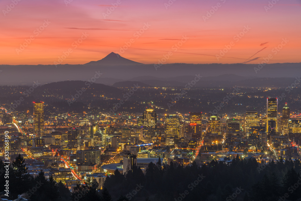 Portland Oregon skyline sunrise and city lights with Mt Hood