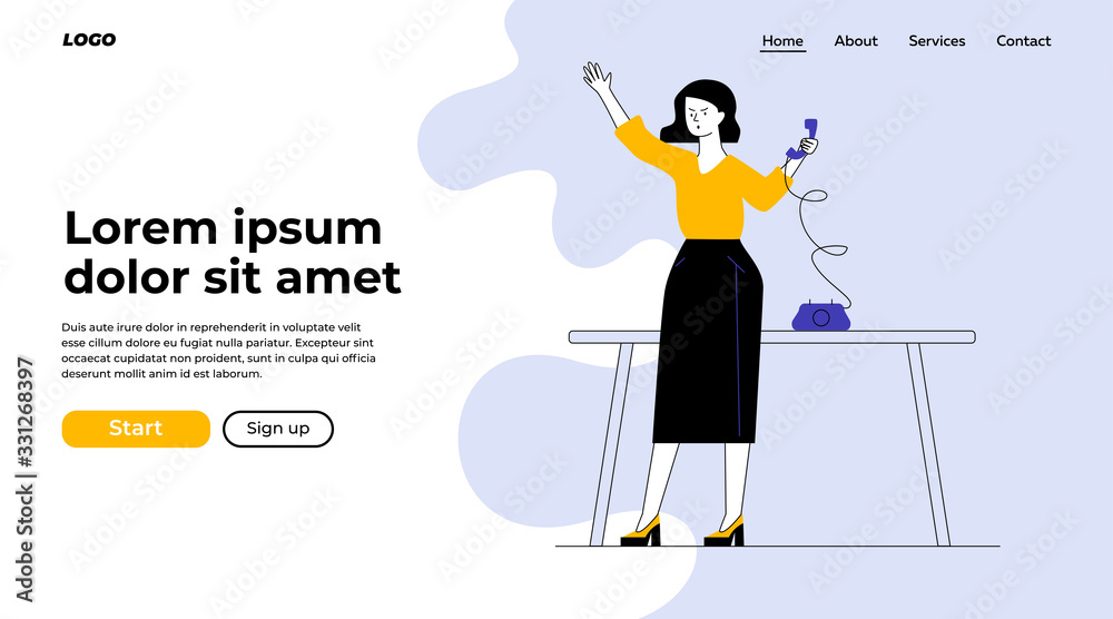 Office assistant using retro telephone. Woman calling someone to phone sitting at desk flat vector illustration. Communication, office concept for banner, website design or landing web page