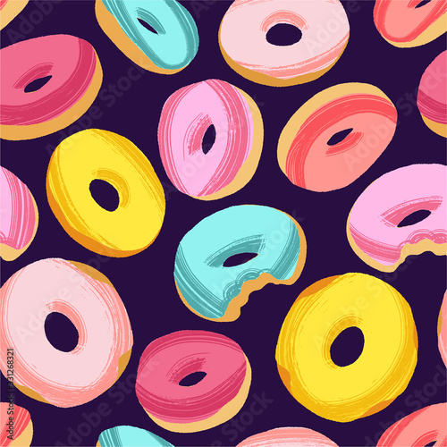 Tasty colorful donuts with glaze and sprinkles. Hand drawn seamless pattern on dark background.