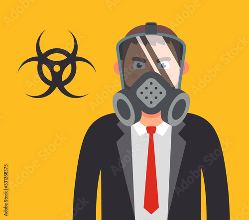 manager in a gas mask. protecting your health from biological weapons. Flat character vector illustration.