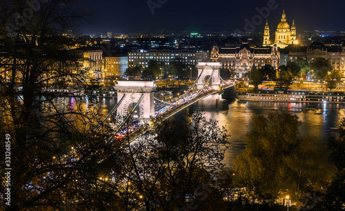 Amazing night view on Chain Bridge, Budapest with the illuminated at night. Aerial view. Hungarian landmarks. Popular Travel destinations.