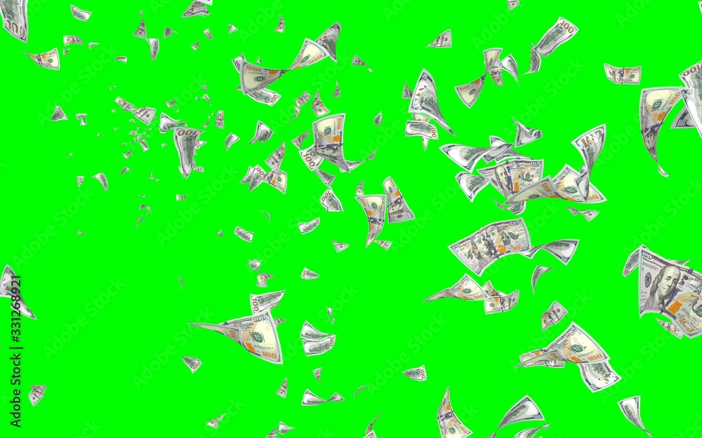 Flying dollars banknotes isolated on chromakey. Money is flying in the air. 100 US banknotes new sample. 3D illustration