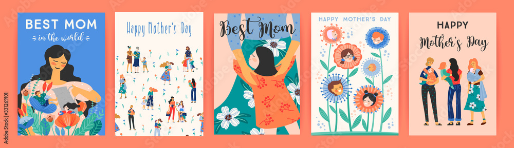 Happy Mothers Day. Vector templates with women and children. - obrazy, fototapety, plakaty 