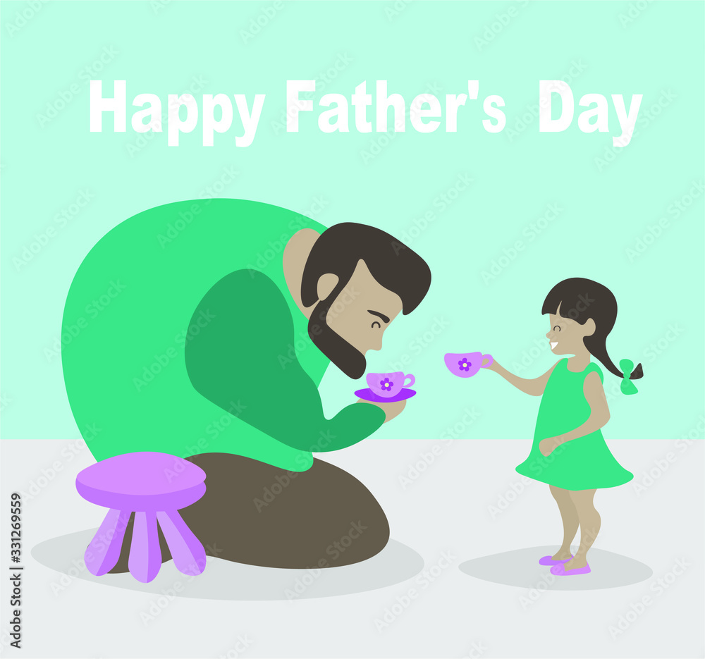 postcard happy father's day! Dad is playing with a little daughter. caring father and baby drink toy tea postcard happy father's day! Dad is playing with a little daughter. caring father and baby drink toy tea