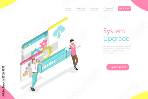 Isometric flat vector landing page template of data transfer process.