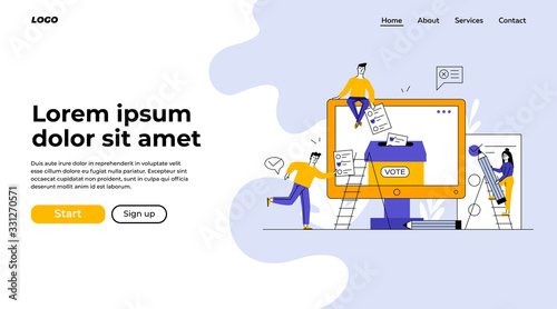 Internet or electronic voting. Man and woman filling up forms and throwing into ballot box flat vector illustration. Election campaign concept for banner, website design or landing web page