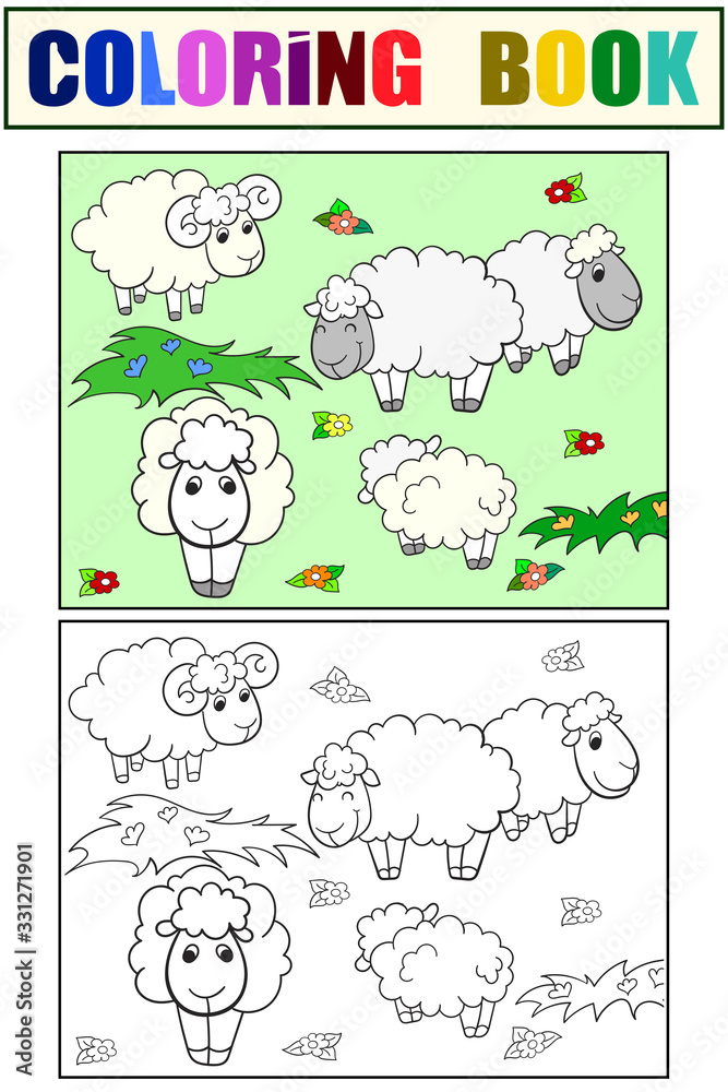 Flock of sheep. Set of children art coloring book and drawing. Flock of sheep. Set of children art coloring book and drawing.