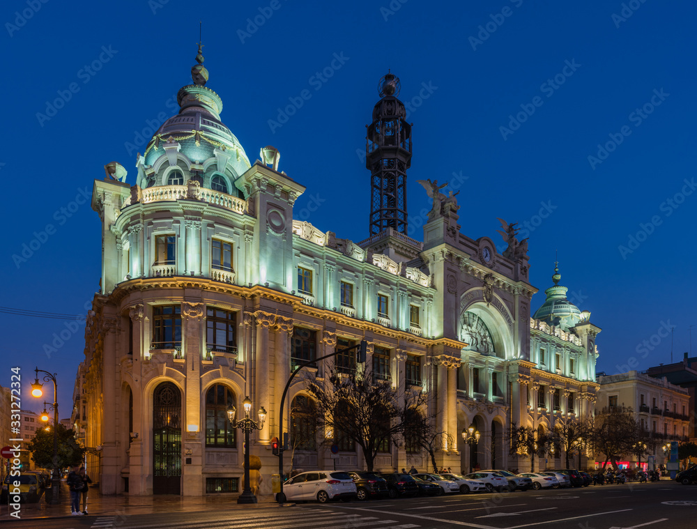 Valencia – Central Post Office Building at night; Spain