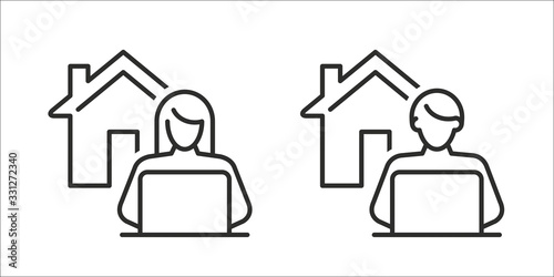 Fototapeta Work from home - Remote work online icon, sign - Coronavirus quarantine preventive measures for social distancing - person working on laptop at home icon isolated on white background