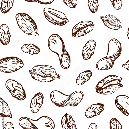 seamless nuts and fried potato chips pattern isolated on white. snack background in engraved vintage style. Sketch illustration of beer appetizer. peanuts, pistachio, potato crisps doodles wallpaper.