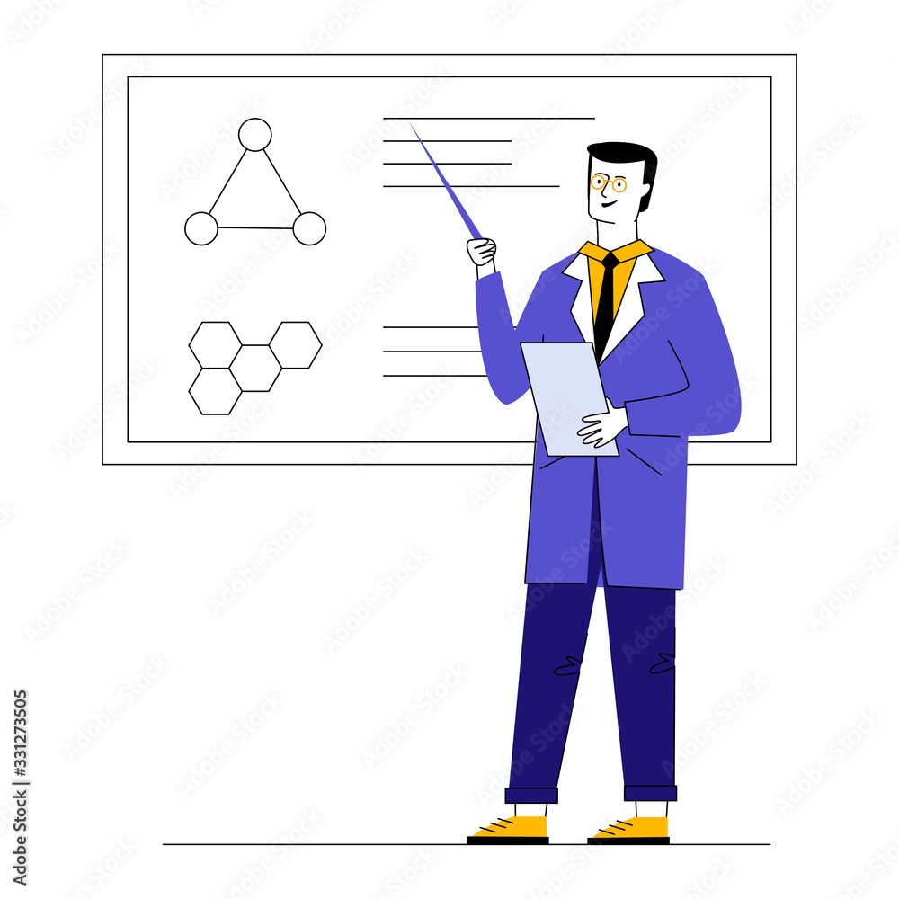 Professor explaining medical research result. Man in white coat presenting molecule structure flat vector illustration. Presentation, education concept for banner, website design or landing web page Professor explaining medical research result. Man in white coat presenting molecule structure flat vector illustration. Presentation, education concept for banner, website design or landing web page