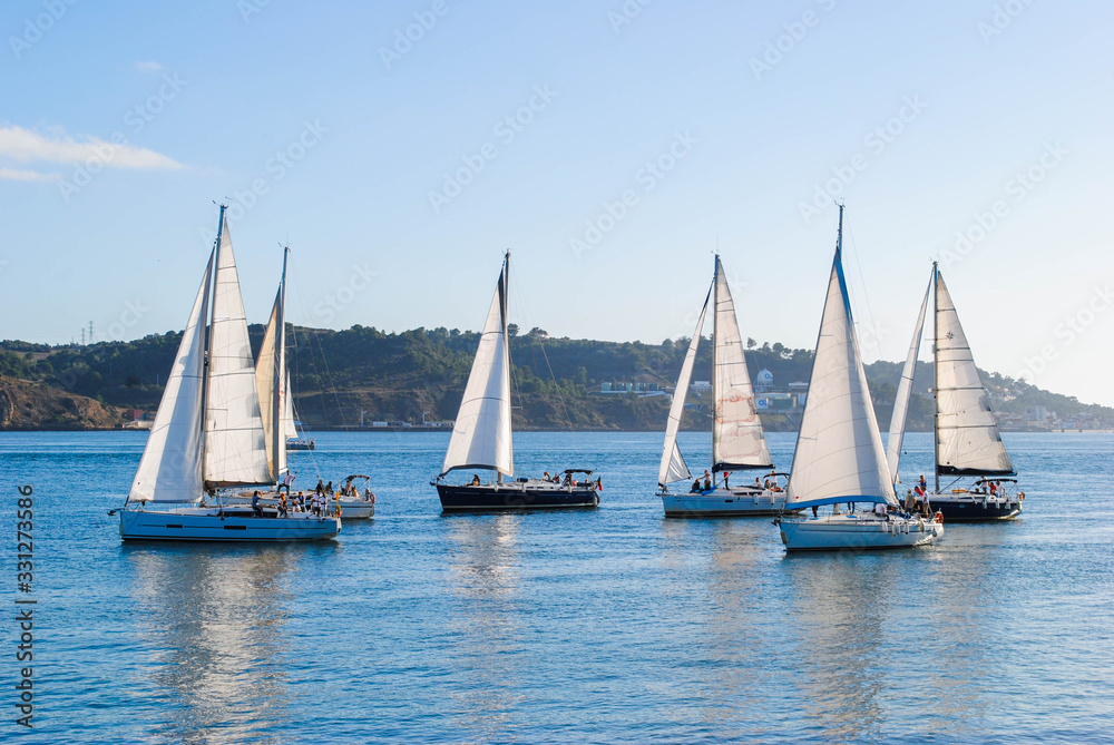 Several white yachts sail on the river