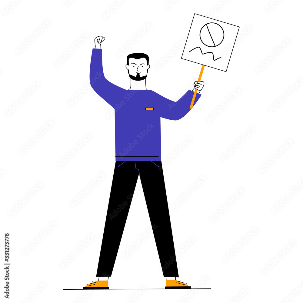 Man showing placard. Protest activist holding poster and making threaten gesture flat vector illustration. Resistance, riot, fight concept for banner, website design or landing web page Man showing placard. Protest activist holding poster and making threaten gesture flat vector illustration. Resistance, riot, fight concept for banner, website design or landing web page