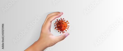 Isolated 3D Realistic hand holding Novel coronavirus cell (2019-nCoV). 3D vector illustration background.