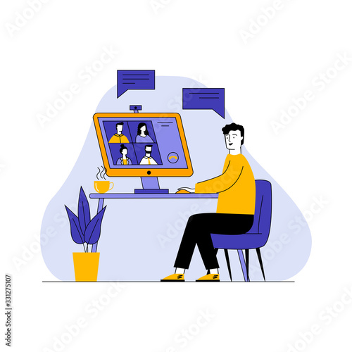 Man talking via online videoconference vector illustration. Work chat on desktop computer. Video conference for collective discussion online. Technology and virtual meeting concept.