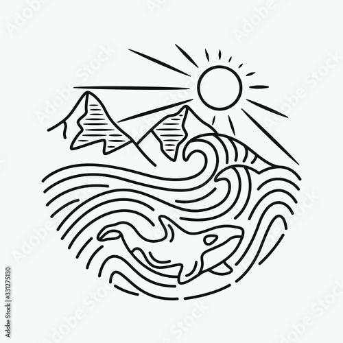 vacation summer beach vintage retro, vector line art illustration. Fun holiday, coloring book.