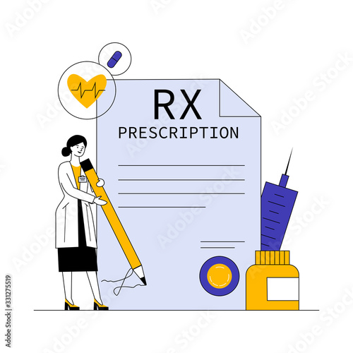 Pharmacist signing drug prescription flat vector illustration. Pharmaceutical painkiller medication RX prescription for sick patient. Pharmacy, healthcare, and medicine concept.