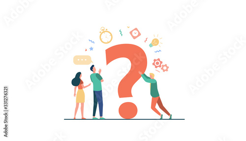 People searching solutions and asking for help. Men and women discussing huge question mark. Vector illustration for communication, assistance, consulting concept photo