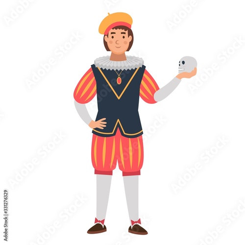 Cartoon actor in a vintage suit with a skull in а hand, character for children. Flat vector illustration
