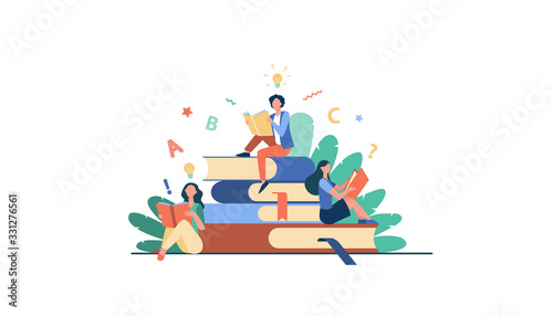 Students studying textbooks. Woman sitting on stack of books and reading. Vector illustration for library, bookworm, bookstore concept