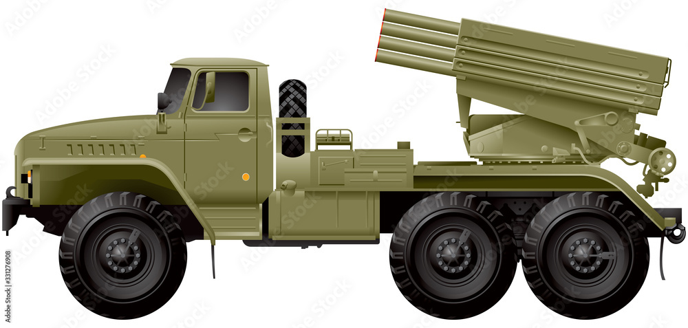 Grad multiple rocket launcher, Soviet designed truck-mounted weapon system, combat vehicle with Russian nickname means 