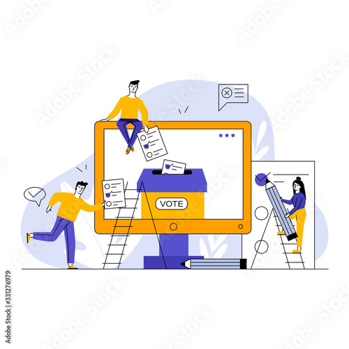 Internet or electronic voting. Man and woman filling up forms and throwing into ballot box flat vector illustration. Election campaign concept for banner, website design or landing web page