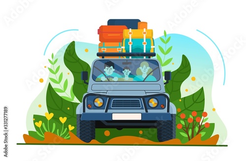 SUV car 4x4. Family traveling in a car with a lot of suitcases. Vector illustration.