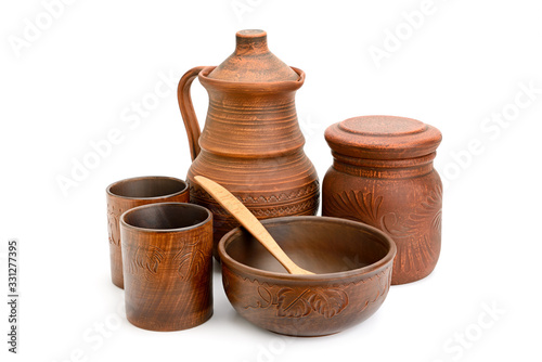 Ceramic glasses, jug, bowl, pot with lid