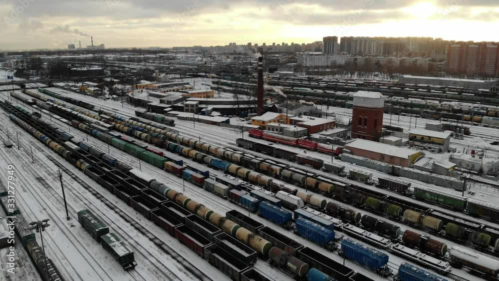 Aerial view at winter Classification marshalling yard trains railroad wagons Aerial view at winter Classification marshalling yard trains railroad wagons