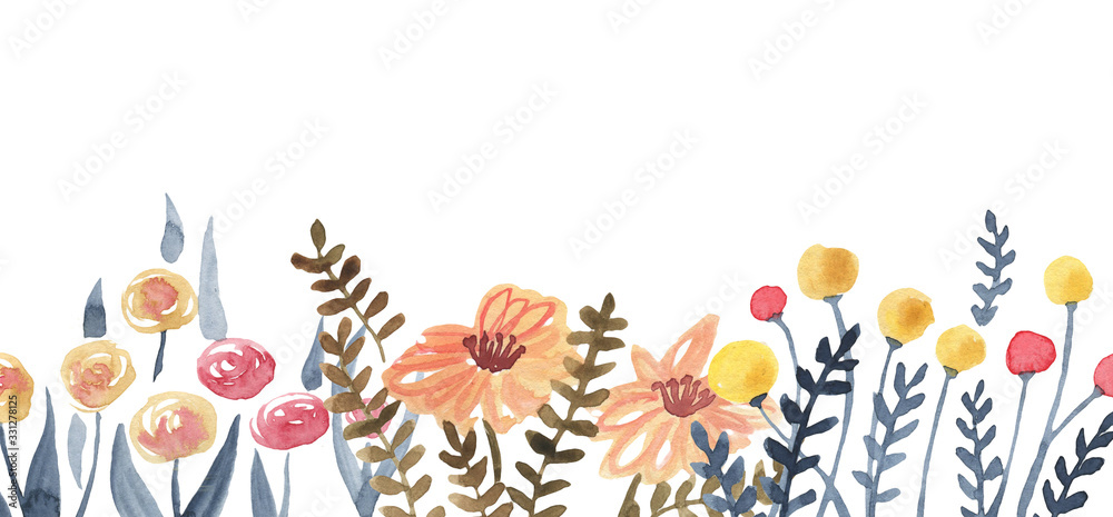 Hand-drawn watercolor spring flowers isolated on the white background. Set of spring meadow plants and flowers on the white background. Field plants collection