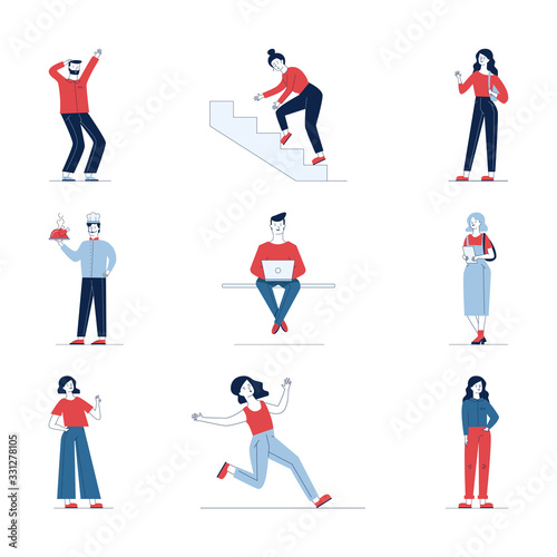 Collection of diverse cartoon people. Flat vector illustrations of man and woman stumbling  sitting  standing. Everyday activity and lifestyle concept for banner  website design or landing web page