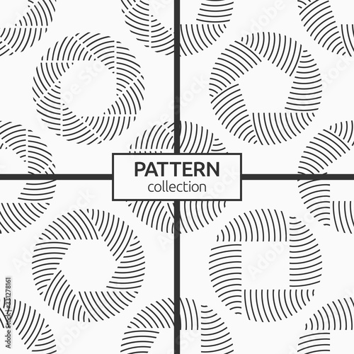 Set of four seamless patterns of repeating round striped circular ornaments isolated on white background. Camera lens aperture icons.